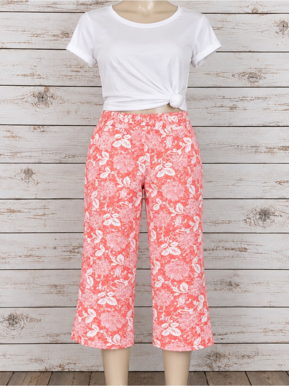 Naturals d&co Women’s M Coral White Floral Linen Blend Wide Leg Pants